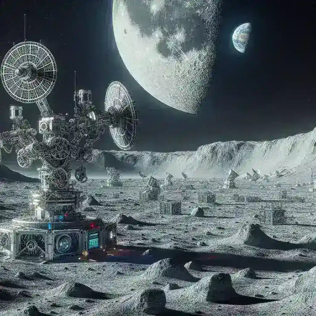 "AI-powered robotic arms assembling a telescope on the lunar surface, showcasing advanced technology and lunar exploration innovations."